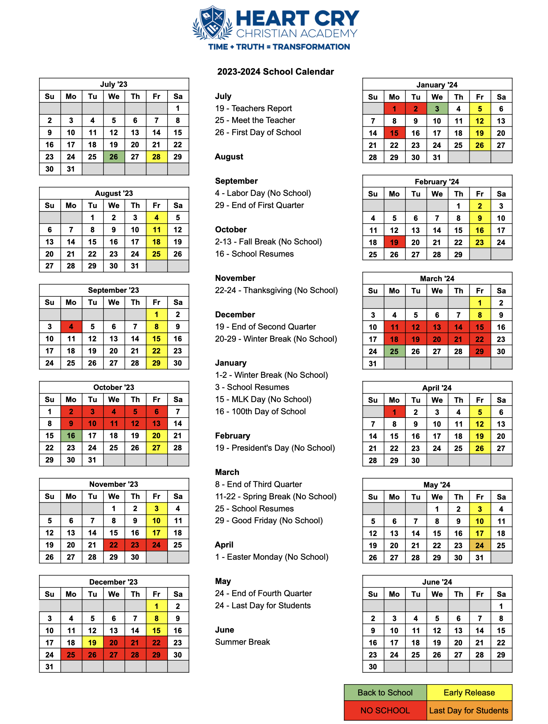 School Calendar Heart Cry Christian Academy